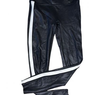 SPANX  Faux Leather Leggings Black Pants with White Side Stripes Size Medium